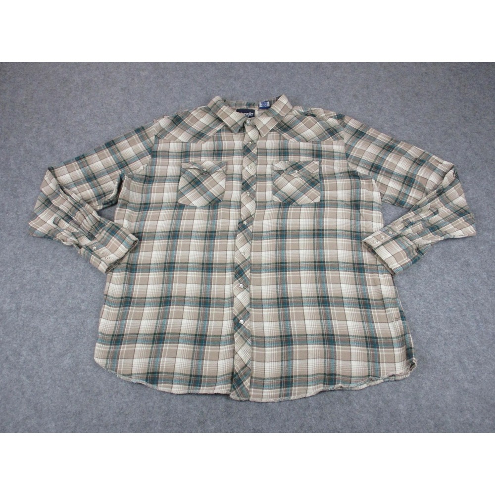 Wrangler Shirt Mens 2XL XXL Tall Beige Blue Plaid Flannel Pearl Snap Western